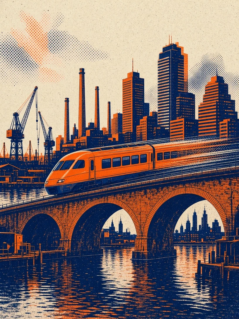 Risograph Print of Fast Commuter Trains Crossing Industrial Canals