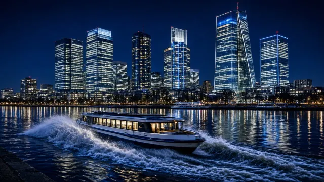 River Wake Reflection Beneath Illuminated Banking District Towers