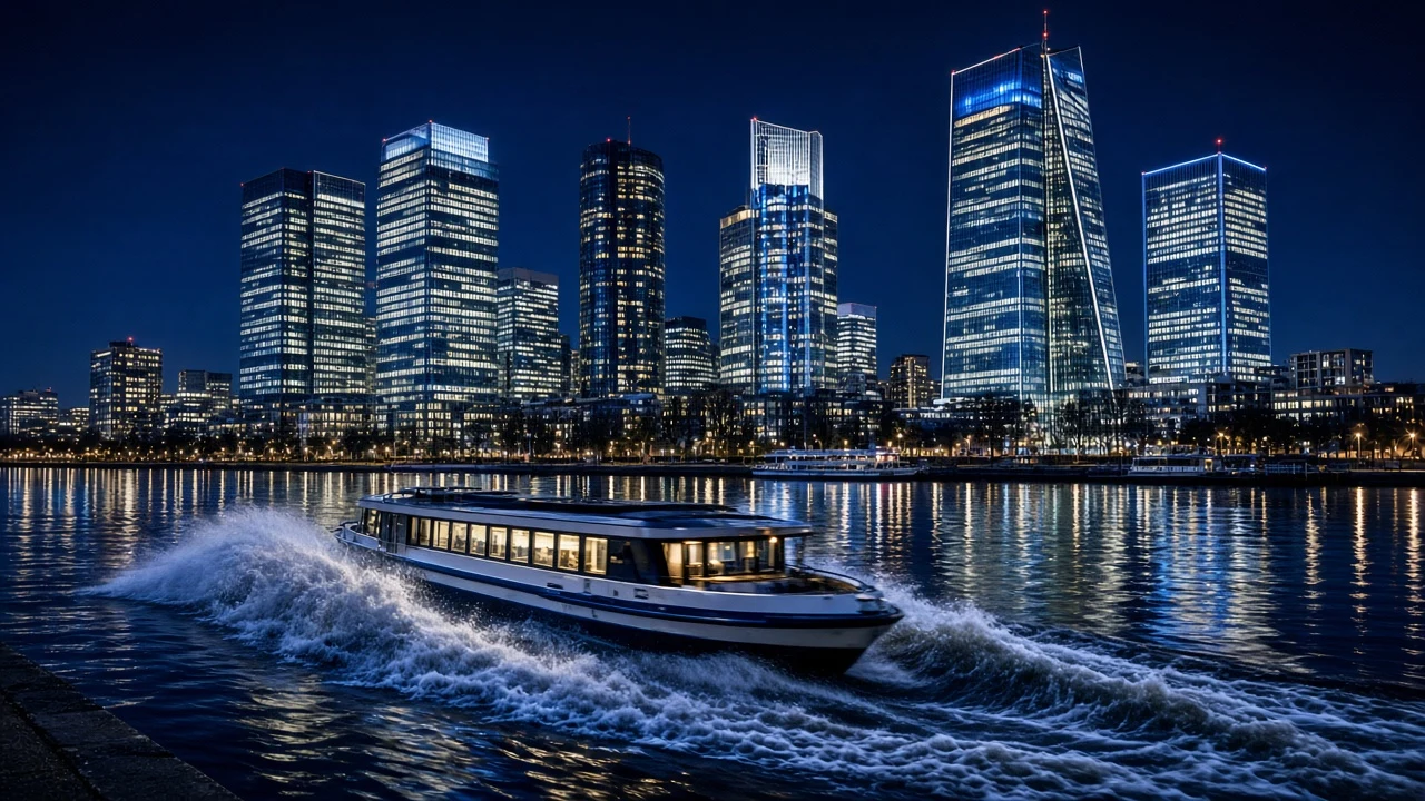 River Wake Reflection Beneath Illuminated Banking District Towers