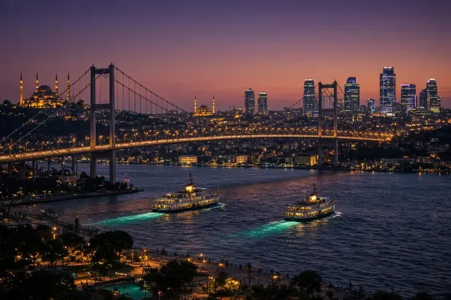 Suspension Bridge Traffic Crossing the Golden Horn at Blue Hour