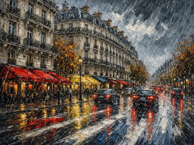 Expressive Rain-Drenched Parisian Boulevard in Heavy Dusk Traffic