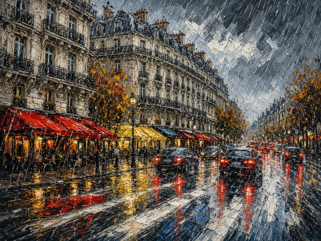 Expressive Rain-Drenched Parisian Boulevard in Heavy Dusk Traffic