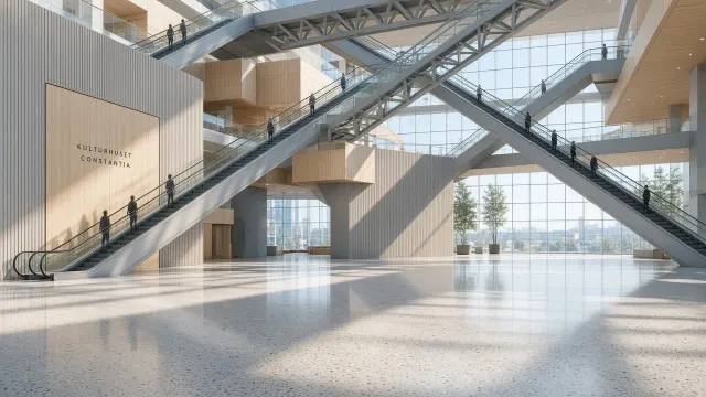 Minimalist Diagonal Escalator Geometry Within Glass Atrium