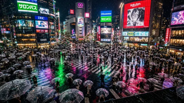 Ocean of Translucent Umbrellas Swarming Rainlit Shibuya Crossing