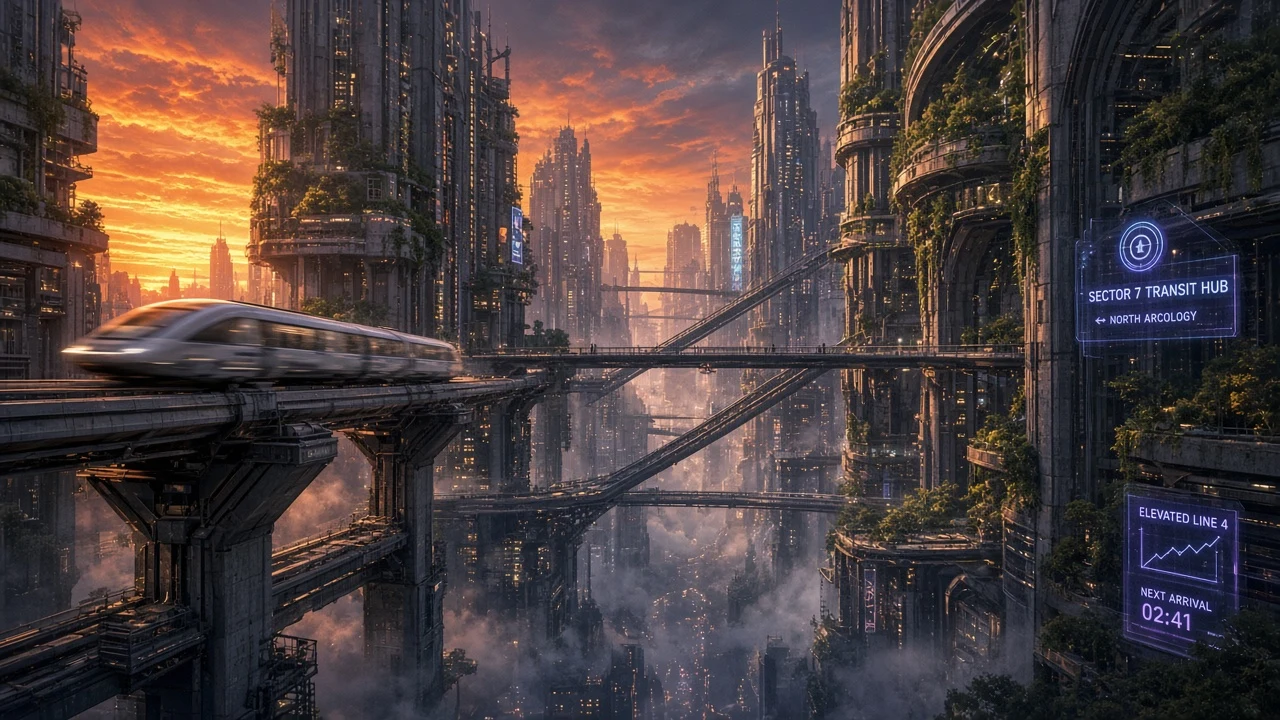 Suspended Monorails Piercing Tiered Megastructure Canyons