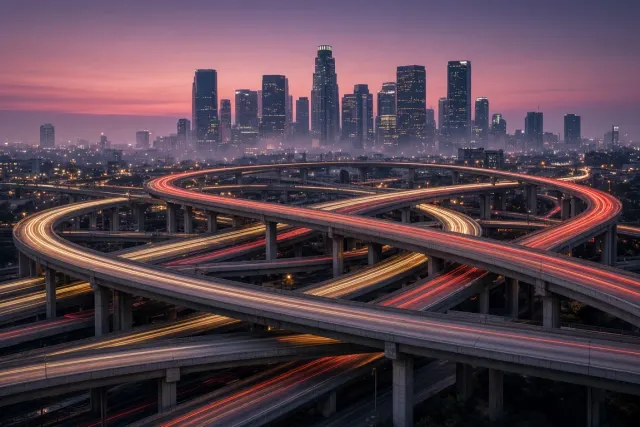 Telephoto Stack of Serpentine Freeway Ramps at Twilight