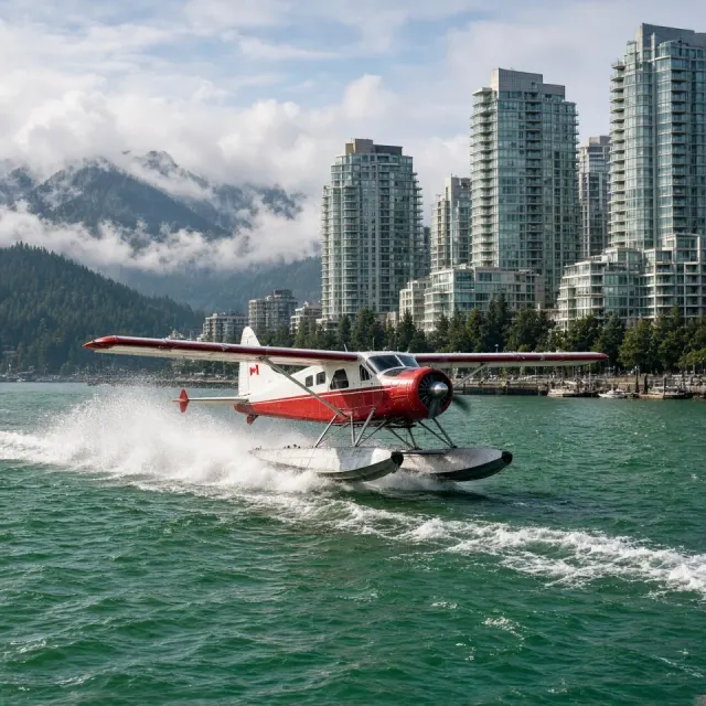 Seaplane Taking Off from Coal Harbour Beside Glass High-Rises