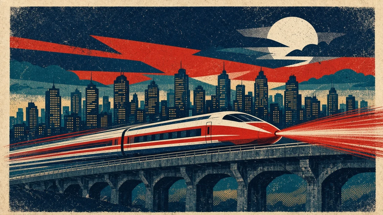 Screen-Printed Graphic Art of Bullet Train Rocketing Past City Silhouettes