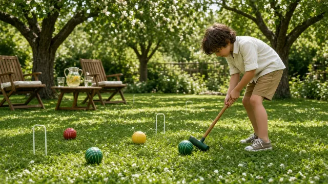 Backyard Wooden Croquet Match Across Dappled Lawn