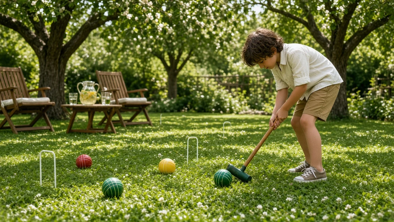 Backyard Wooden Croquet Match Across Dappled Lawn