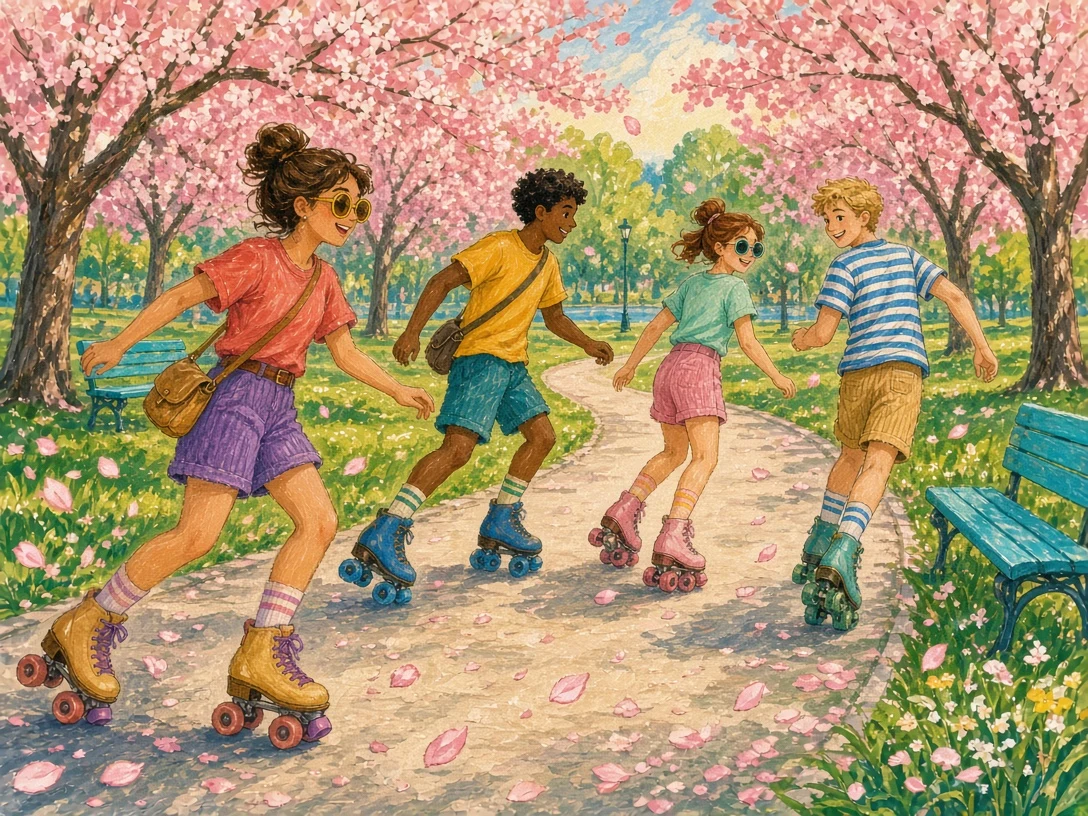 Gouache Illustration of Roller Skaters in a Blossom Park