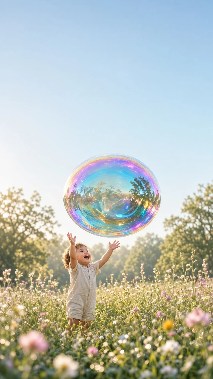 Towering Giant Iridescent Soap Bubbles in Sunlit Meadow
