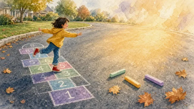childhood play image example: Watercolor and Chalk Illustration of Neighborhood Hopscotch