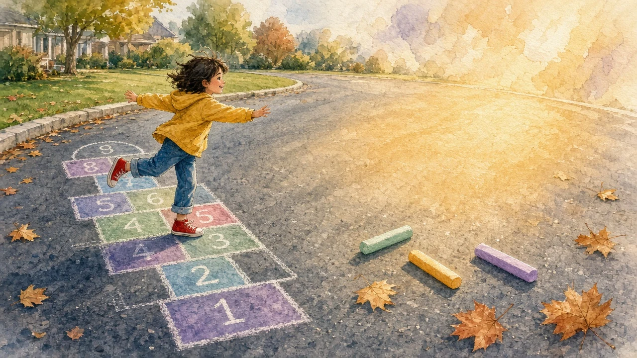 Watercolor and Chalk Illustration of Neighborhood Hopscotch