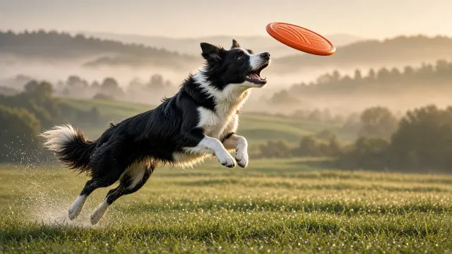 Border Collie Mid-Air Disc Catch Across Morning Field
