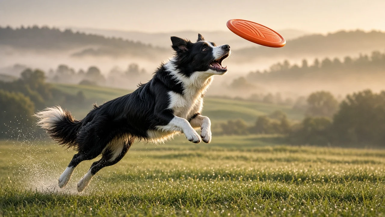 Border Collie Mid-Air Disc Catch Across Morning Field