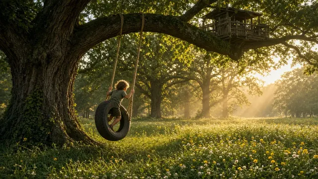 Rustic Treehouse Tire Swing in an Oak Orchard