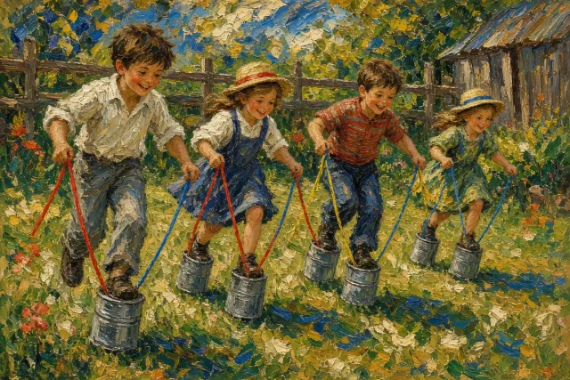 Impressionist Oil Painting of Tin Can Stilts Race