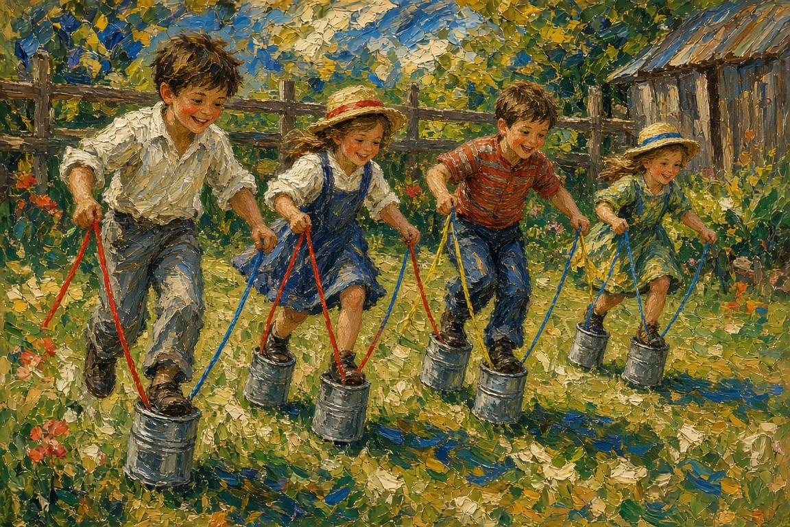 Impressionist Oil Painting of Tin Can Stilts Race