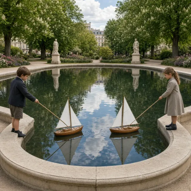 Historic Pond Model Yacht Sailing in Urban Botanical Park