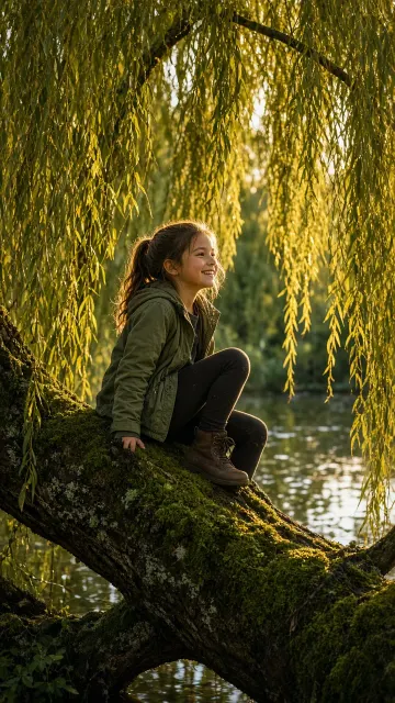 Climbing Ancient Willow Branches in Afternoon Sun