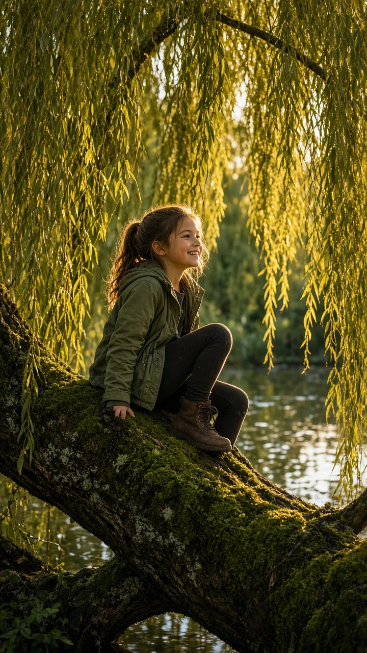 Climbing Ancient Willow Branches in Afternoon Sun