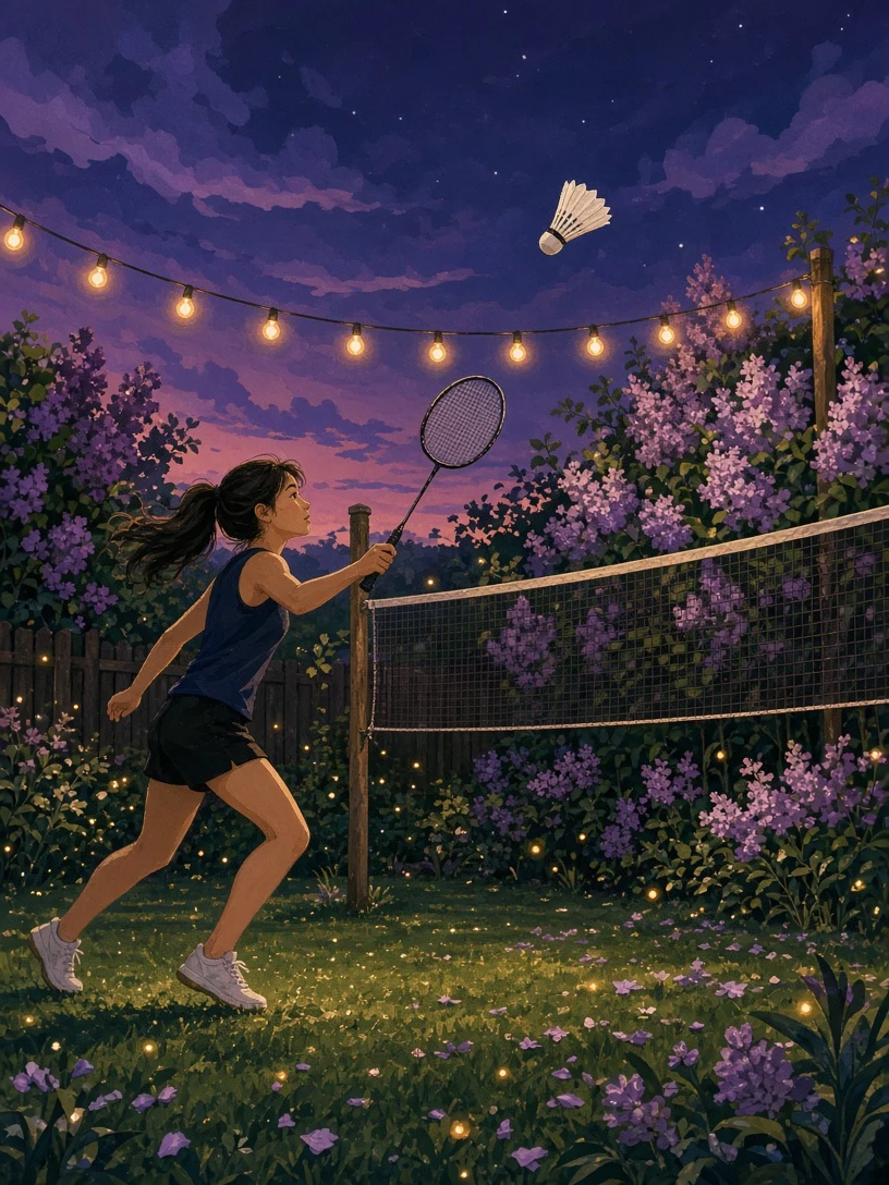 Twilight Backyard Badminton Match Under Fairy Lights