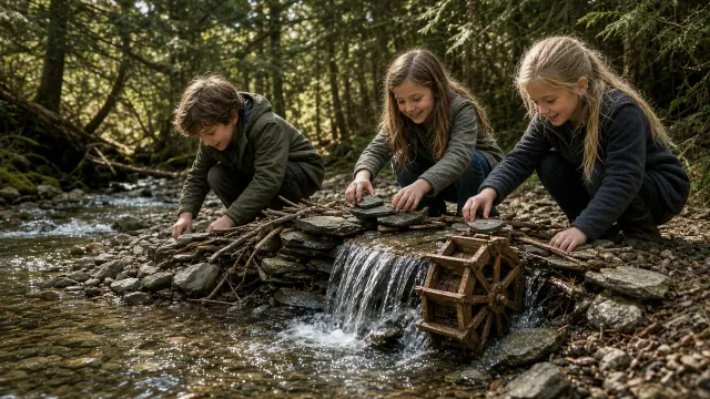 Constructing Miniature River Stone Dam and Wood Waterwheel