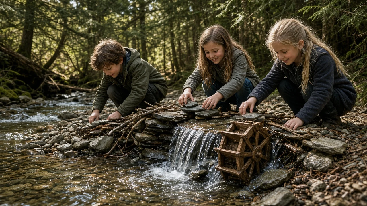 Constructing Miniature River Stone Dam and Wood Waterwheel