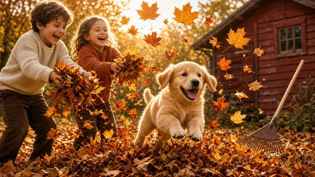 Puppy Romping Through Raked Autumn Leaf Piles