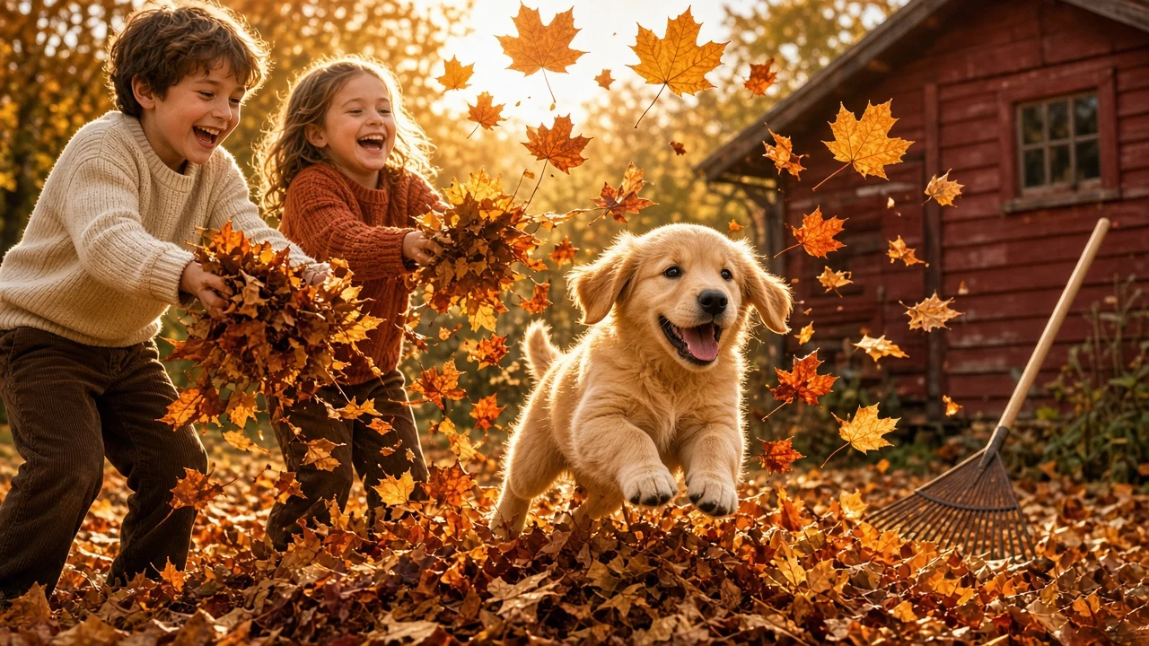 Puppy Romping Through Raked Autumn Leaf Piles