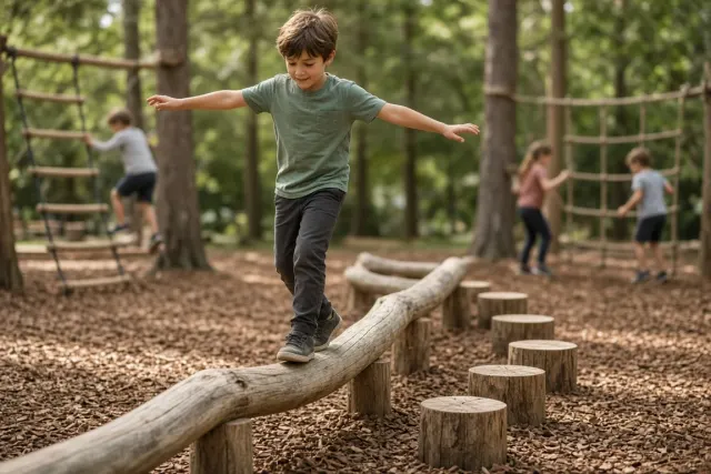 Balancing on Natural Cedar Log Obstacle Playscape