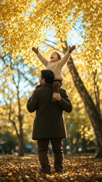 Child on Father's Shoulders Reaching for Autumn Leaves