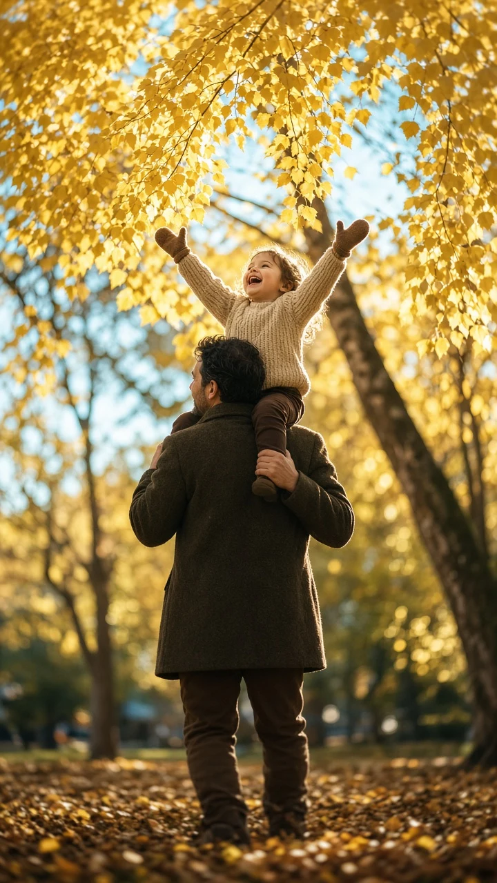 Child on Father's Shoulders Reaching for Autumn Leaves