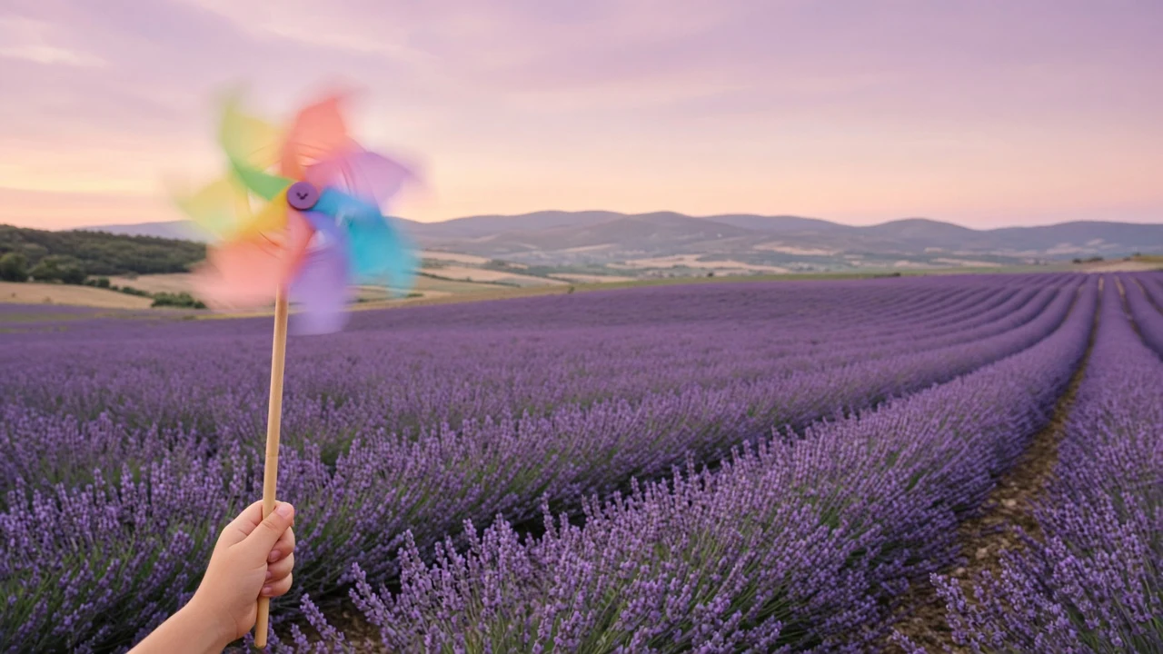Whimsical Paper Pinwheel Spinning in Lavender Rows