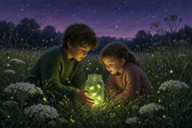 Bioluminescent Firefly Catching in a Luminous Meadow