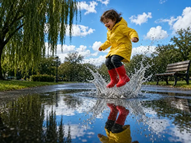 Joyful Rain Puddle Stomping in Bright Yellow Slicker
