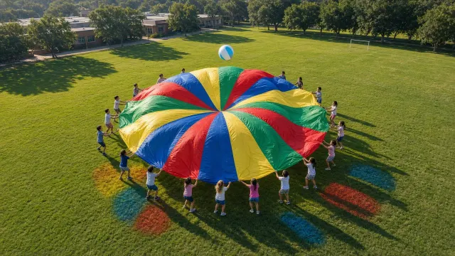 Rainbow Parachute Wave Game Seen from High Vantage