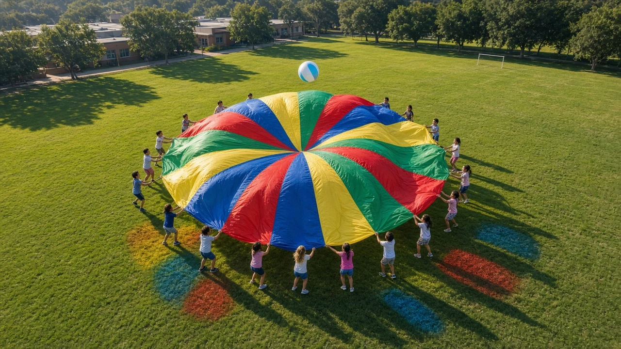 Rainbow Parachute Wave Game Seen from High Vantage