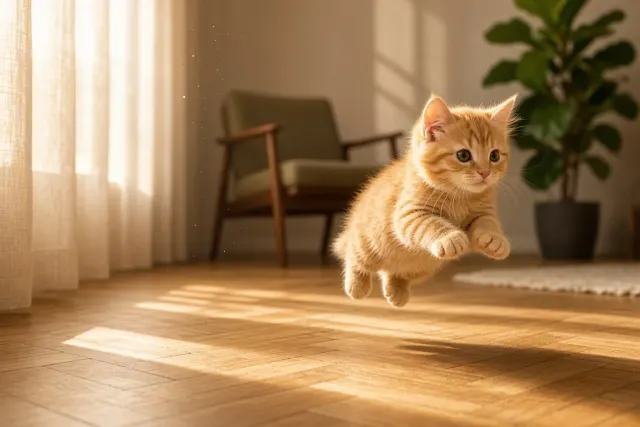 Sunlit Parquet Floor Dash of an Orange Tabby Kitten