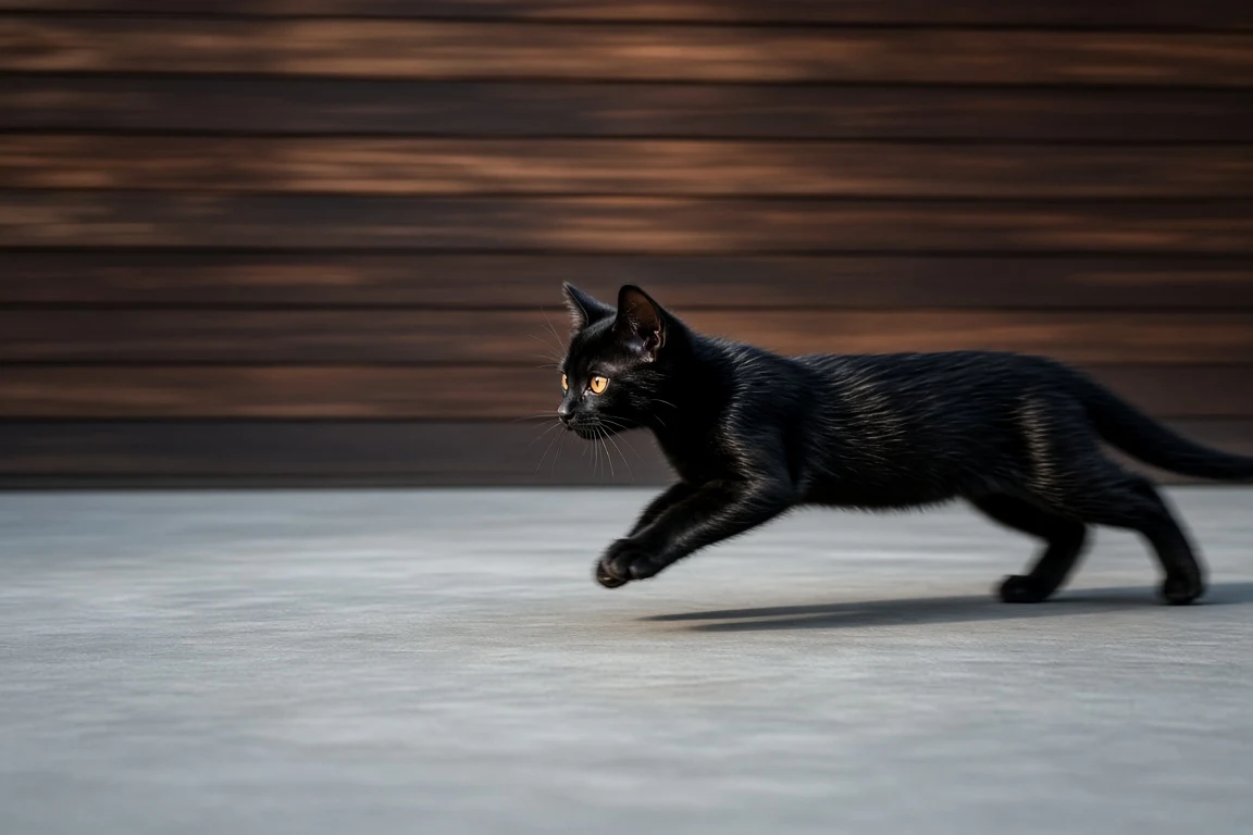 High-Speed Panning Tracking Shot of a Sleek Bombay Kitten