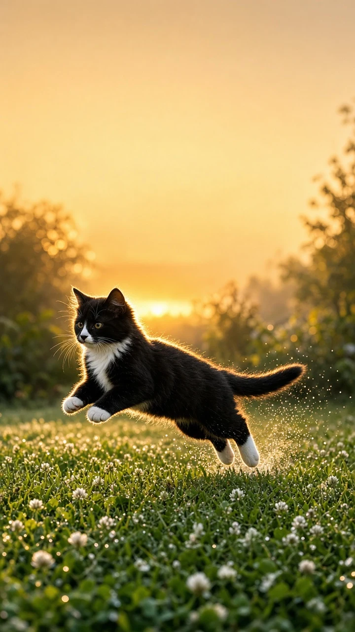 Golden Hour Lawn Gallop with Dewdrop Backlighting