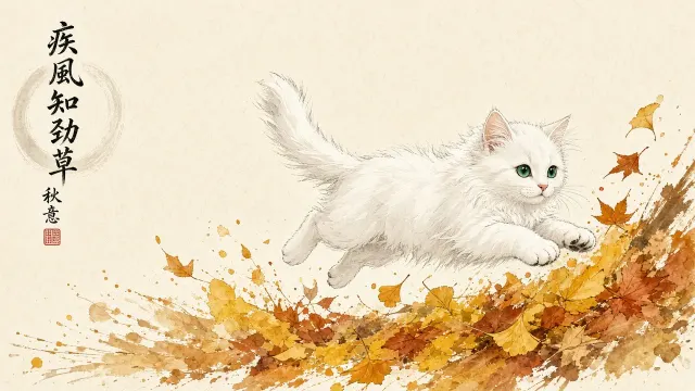 Fluid Watercolor and Ink Illustration of a Leaping White Kitten