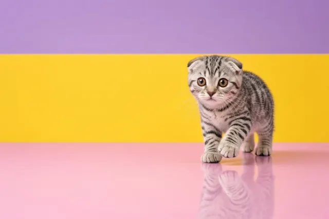 Color-Blocked Pop Studio Portrait of a Sprinting Fold Kitten