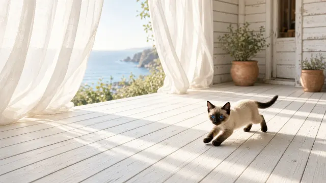 Sun-Drenched Coastal Sunroom Dash of a Siamese Kitten