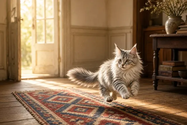 Rustic Hallway Kilim Runner Sprint of a Silver Maine Coon
