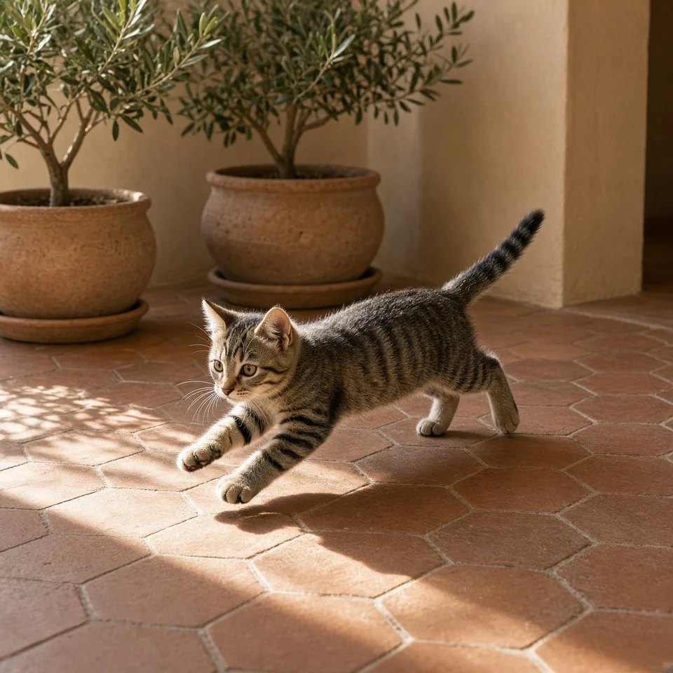 Terracotta Sunroom Morning Transit of a Grey Tabby