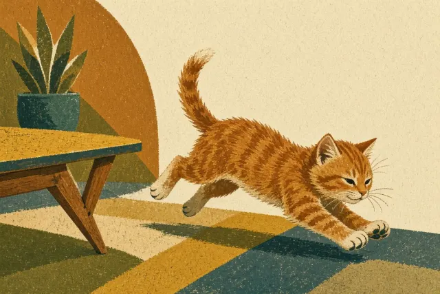 Mid-Century Modern Graphic Gouache Kitten in Motion