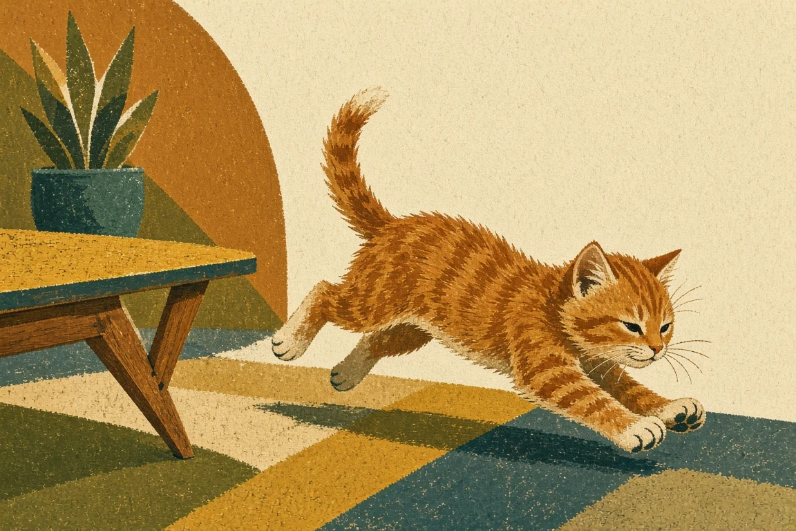 Mid-Century Modern Graphic Gouache Kitten in Motion