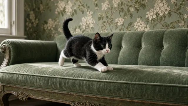 Sage Velvet Sofa Cushion Scamper with Botanical Backdrop